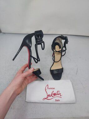 Christian Louboutin Choca Metallic Black/Gunmetal Grey Silver Suede Heel Sandals